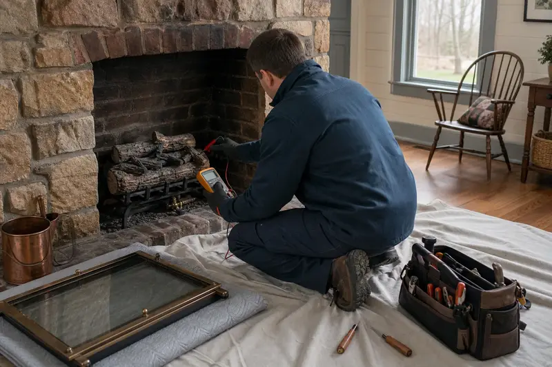 A technician testing the igniter of a vented gas log set in a masonry firebox with the glass front set aside; illustrative image