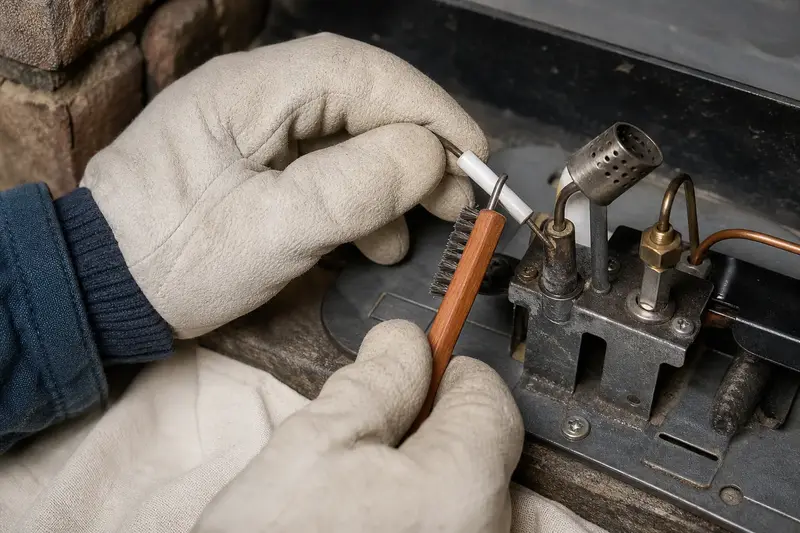 Gloved hands cleaning the spark igniter beside a pilot assembly; illustrative image