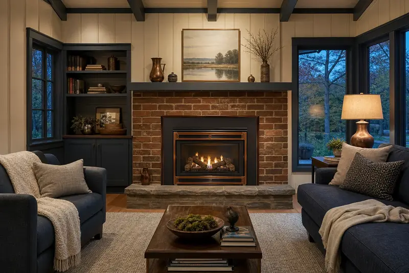 A family room with a gas insert set in a brick opening glowing steadily behind glass; illustrative image