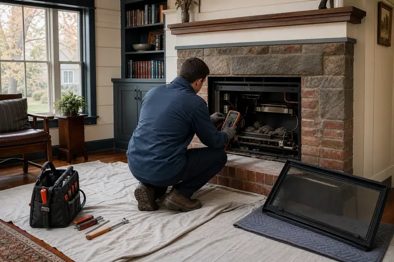 A technician checking the controls of a direct-vent gas fireplace with a multimeter, the glass set aside; illustrative image