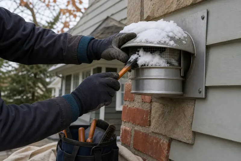 Gloved hands clearing snow from a gas vent termination on an exterior wall; illustrative image