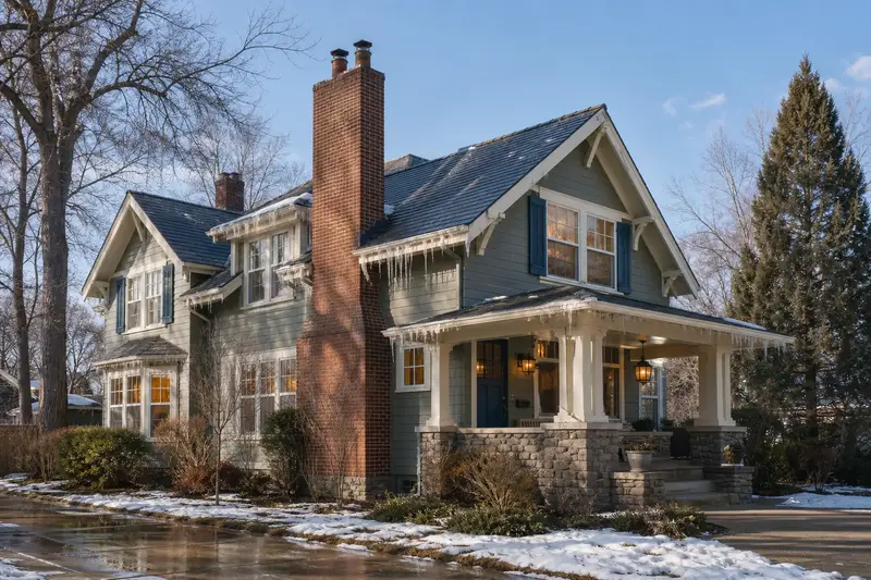 A 1920s Craftsman house in early thaw with icicles at the eaves and a two-flue brick chimney on a slate roof; illustrative image