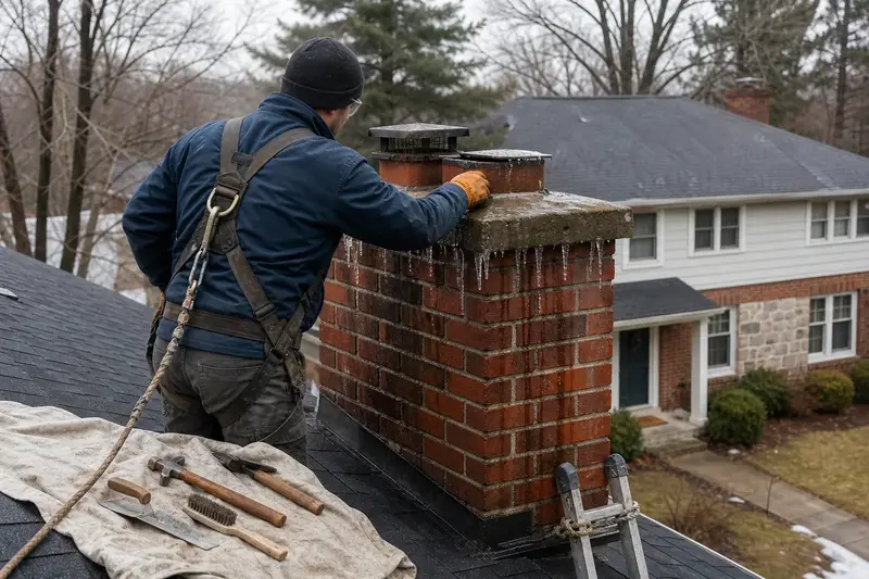 A harnessed mason examining the crown of a red brick chimney with a concrete crown on a thawing day from a dry roof; illustrative image