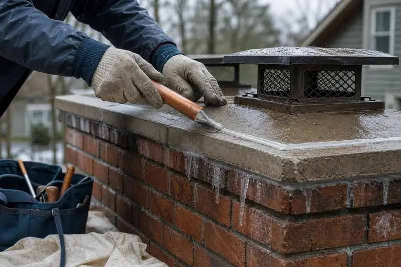 Gloved hands applying crown sealant along a chimney crown; illustrative image