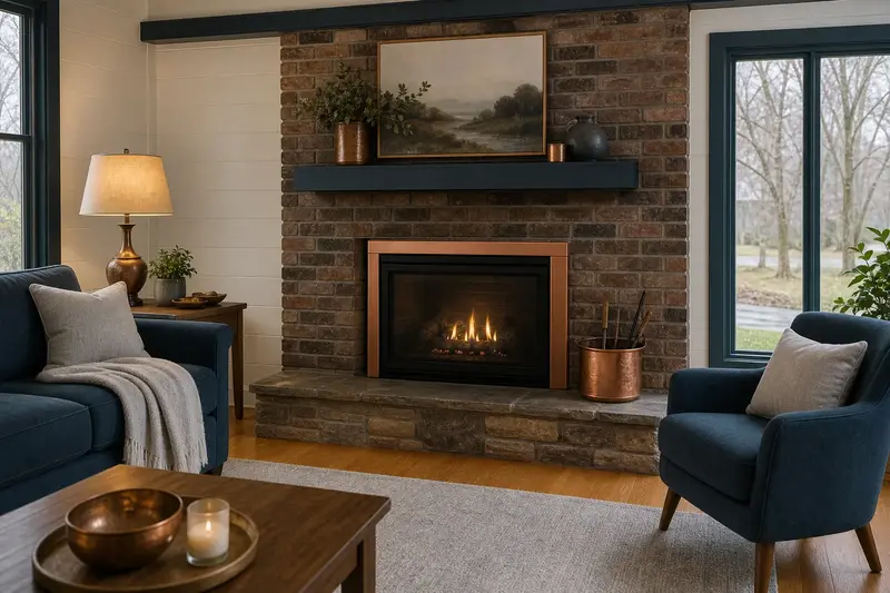 A living room with a direct-vent gas fireplace and a small steady flame behind glass; illustrative image