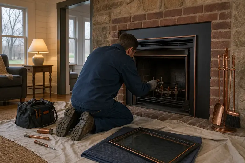 A technician checking the pilot assembly of a gas insert set in a brick opening with the glass front removed; illustrative image