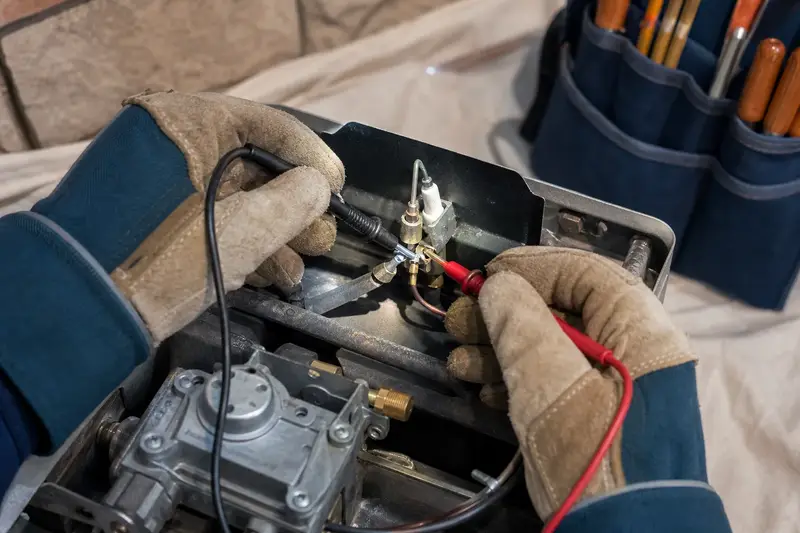 Gloved hands testing a thermopile with multimeter leads; illustrative image