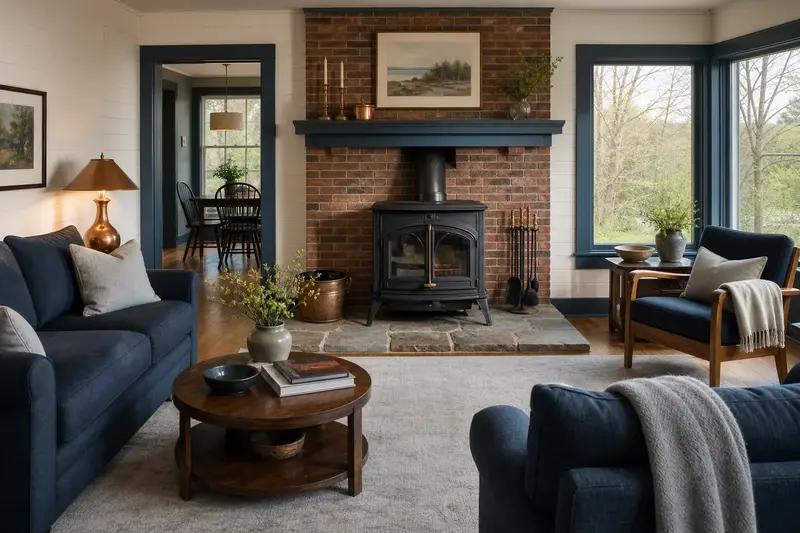 A calm hearth room with a cast-iron wood stove on a stone hearth pad, glass doors closed and no fire; illustrative image