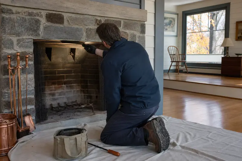 A technician checking the damper and smoke chamber of an open masonry wood-burning fireplace by flashlight, the fireplace cold; illustrative image
