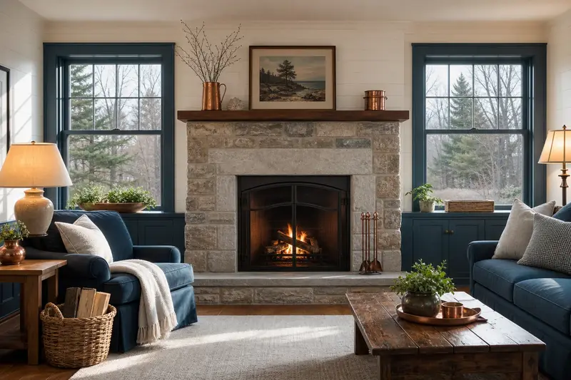 A bright hearth room with an open masonry wood-burning fireplace and a clean stone surround; illustrative image
