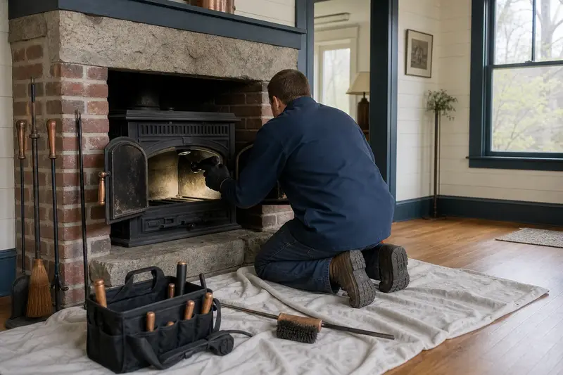 A technician checking the smoke chamber of a cast-iron wood stove on a stone hearth pad by flashlight, the fireplace cold; illustrative image