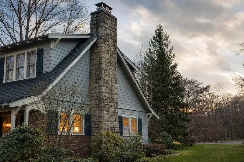 A 1940s Craftsman house after steady rain with a stone masonry chimney and a stainless steel cap; illustrative image