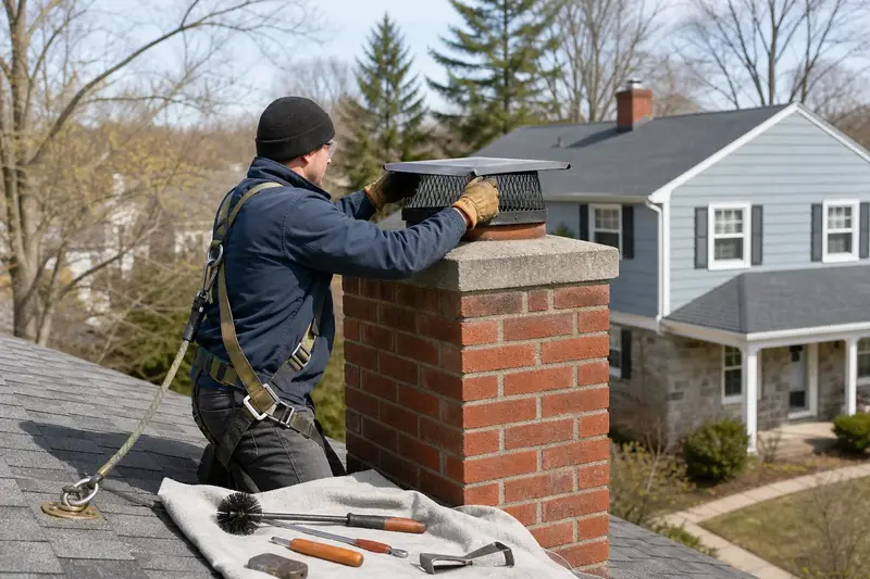 A harnessed technician examining the crown and cap of a red brick chimney with a concrete crown from a dry roof; illustrative image