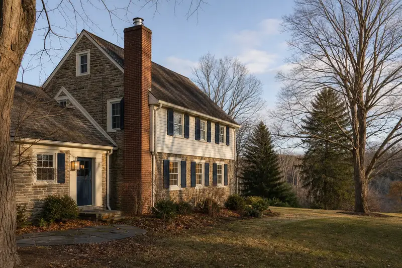A 1940s stone-and-clapboard farmhouse with a tall brick chimney on a steep gable roof topped by a new stainless steel cap; illustrative image