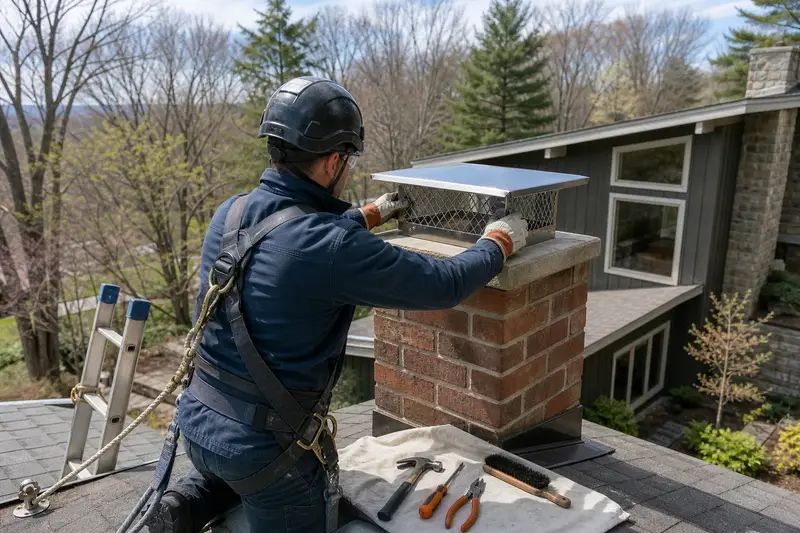 A harnessed technician setting a stainless steel mesh chimney cap onto a red brick chimney with a concrete crown; illustrative image