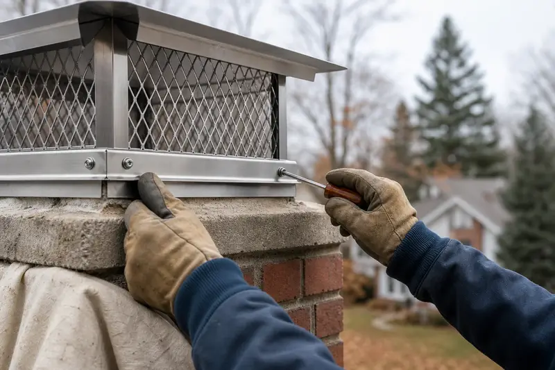 Gloved hands tightening the mounting screws of a stainless steel cap on a flue; illustrative image