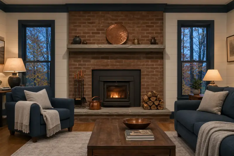 A tidy hearth room with a wood-burning insert in a brick opening, a cleared hearth, fireplace tools and split firewood; illustrative image