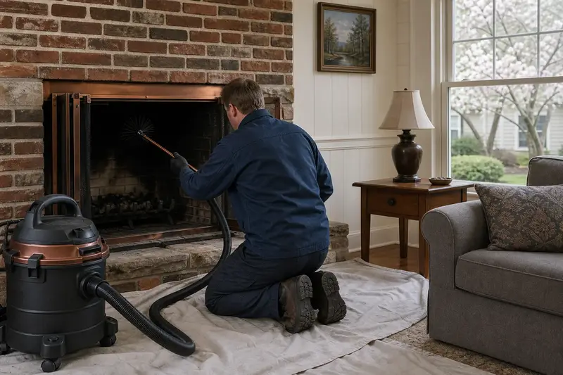 A technician kneeling at an open masonry wood-burning fireplace with a sealed vacuum and drop cloths, the fireplace cold and unlit; illustrative image