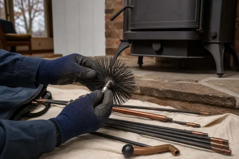 A rotary brush head and flexible rods laid on a canvas drop cloth beside a cast-iron wood stove on a stone hearth pad; illustrative image