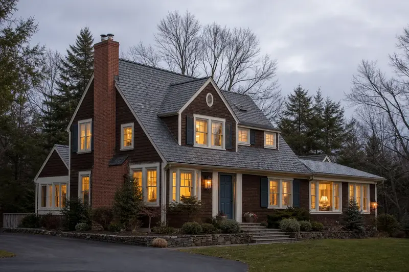 A 1990s cedar-sided contemporary house with a two-flue brick chimney on a slate roof and a stainless steel cap; illustrative image