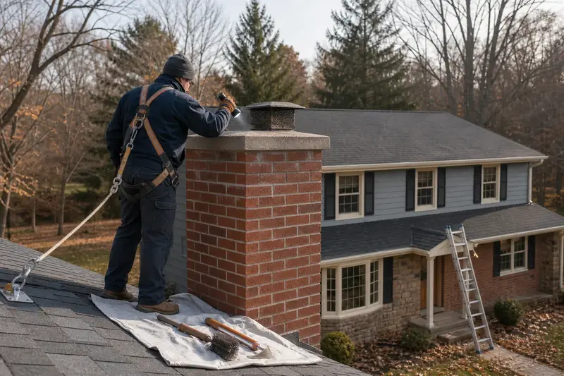 A harnessed technician examining the top of a red brick chimney with a concrete crown with a flashlight from a dry roof surface; illustrative image