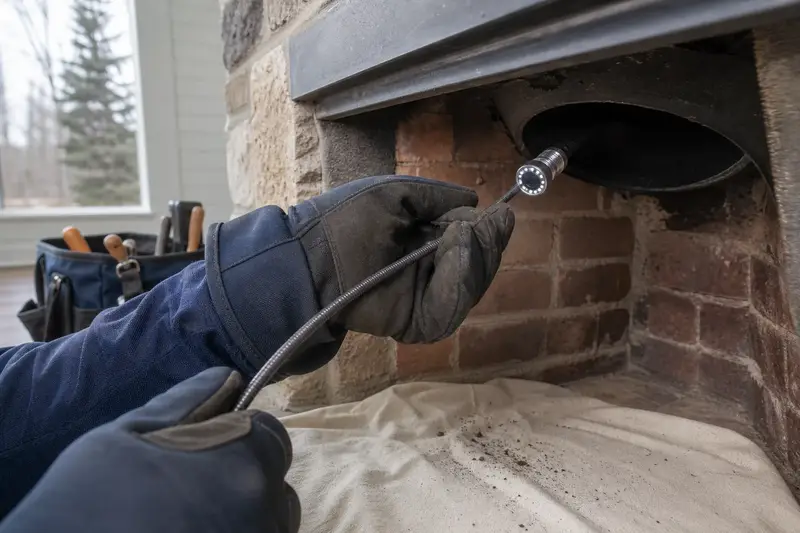 An inspection camera head on a flexible cable at the damper opening of an open masonry wood-burning fireplace; illustrative image