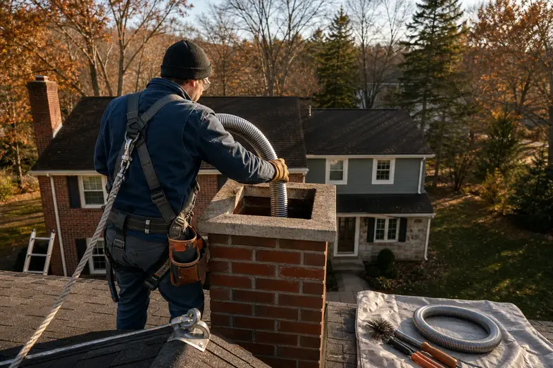 A harnessed technician guiding a flexible stainless steel liner down into the flue at the top of a red brick chimney with a concrete crown; illustrative image