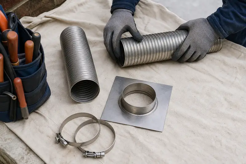 Sections of stainless steel flue liner, clamps and a top plate arranged on a canvas tarp; illustrative image