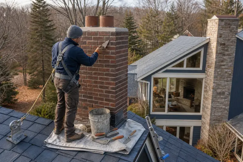 A harnessed mason repointing mortar joints on a two-flue brick chimney on a slate roof with a pointing trowel; illustrative image