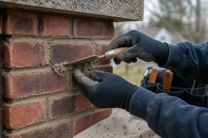 Gloved hands pressing fresh mortar into a raked joint with a tuckpointing trowel; illustrative image