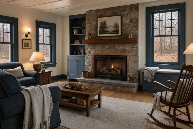 A remodeled hearth wall with a vented gas log set in a masonry firebox, a slim wood mantel and built-in shelves; illustrative image