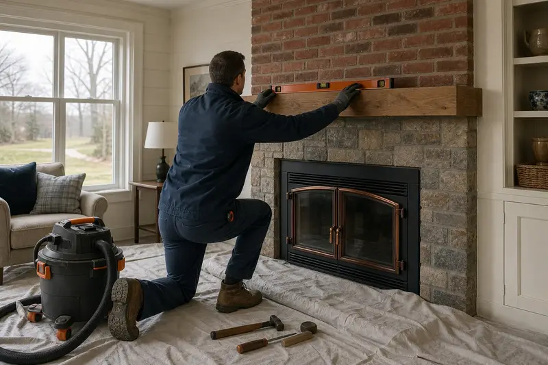 An installer leveling a new wood mantel above a factory-built wood-burning fireplace with a stone facing; illustrative image