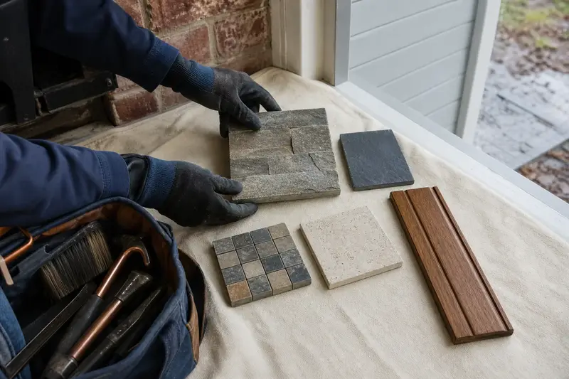 Samples of stone, tile and a mantel wood finish laid out on a hearth; illustrative image