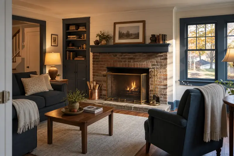 A restored hearth room with an open masonry wood-burning fireplace, a clean hearth and brass fireplace tools; illustrative image