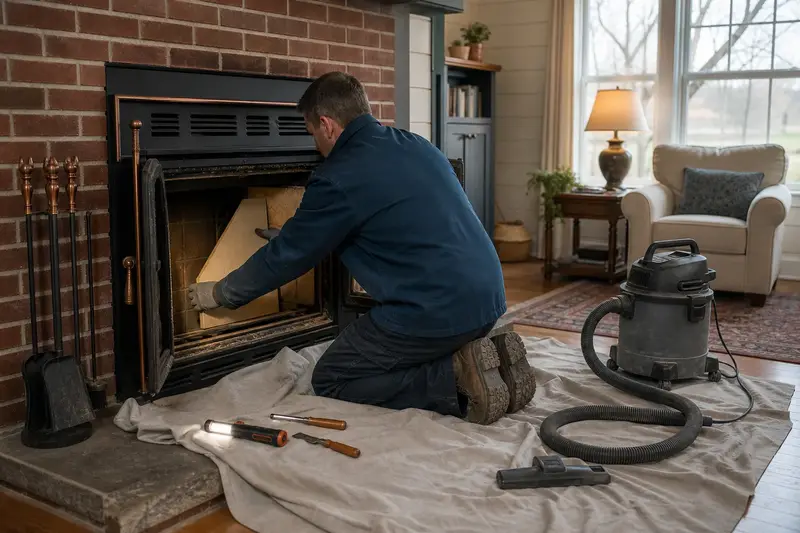 A technician fitting a refractory panel into the firebox of a wood-burning insert in a brick opening, the fireplace cold and unlit; illustrative image