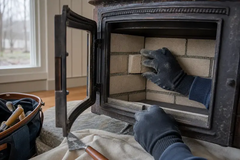 New firebrick and refractory mortar in the back wall of a cast-iron wood stove on a stone hearth pad, seen up close; illustrative image
