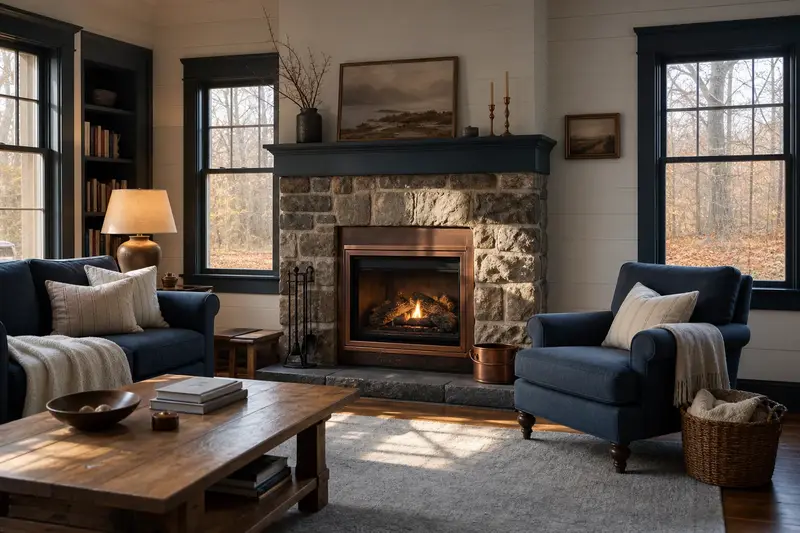 A warm living room with a vented gas log set in a masonry firebox glowing softly behind its glass, no one present; illustrative image