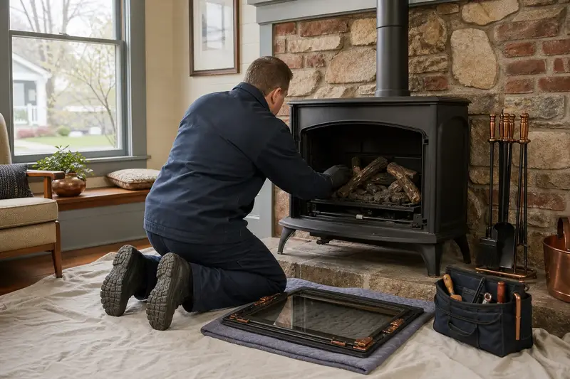 A technician checking the burner and log placement of a freestanding gas stove with the gas off and the glass set aside; illustrative image