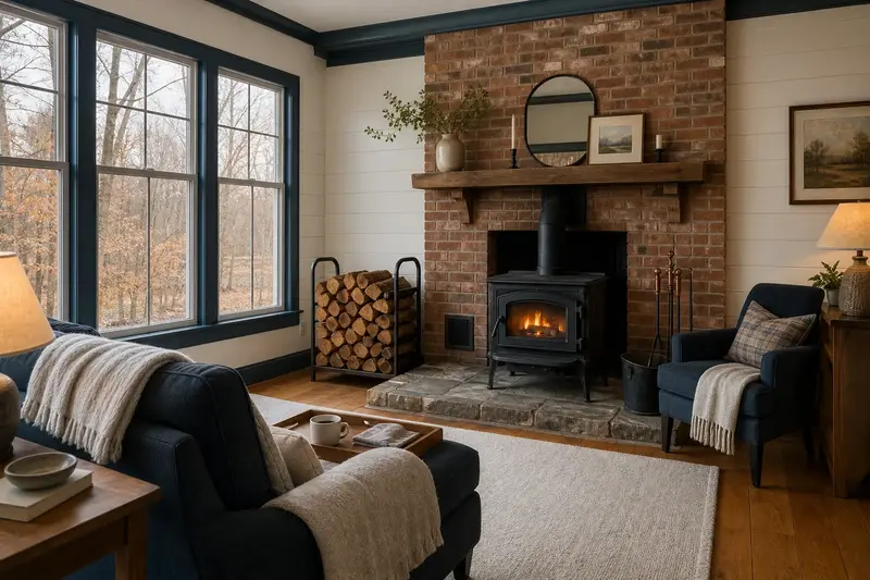 A hearth room with a cast-iron wood stove on a stone hearth pad, split firewood in a steel rack and a clear hearth; illustrative image