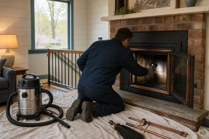 A technician checking the firebox walls of a wood-burning insert in a brick opening with a work light, a drop cloth on the hearth; illustrative image