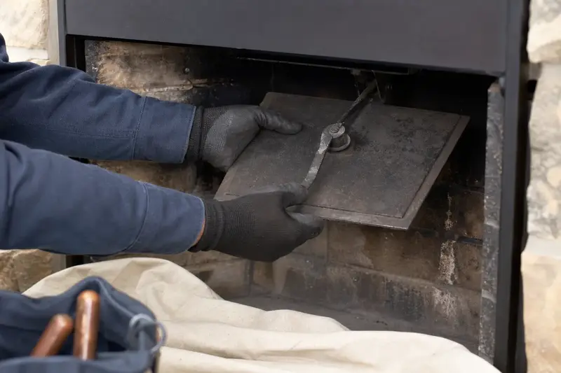 Gloved hands working a cast-iron damper plate inside a cold masonry firebox; illustrative image