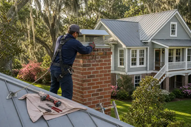 A harnessed technician setting a stainless steel mesh chimney cap onto an exterior end brick chimney on a gable roof; illustrative image