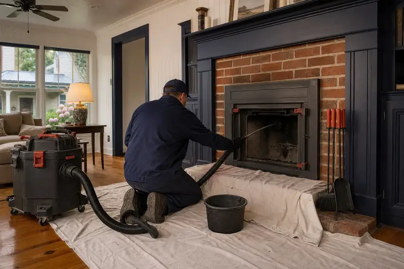 A technician kneeling at a wood-burning insert in a brick opening with a sealed vacuum and drop cloths, the fireplace cold and unlit; illustrative image