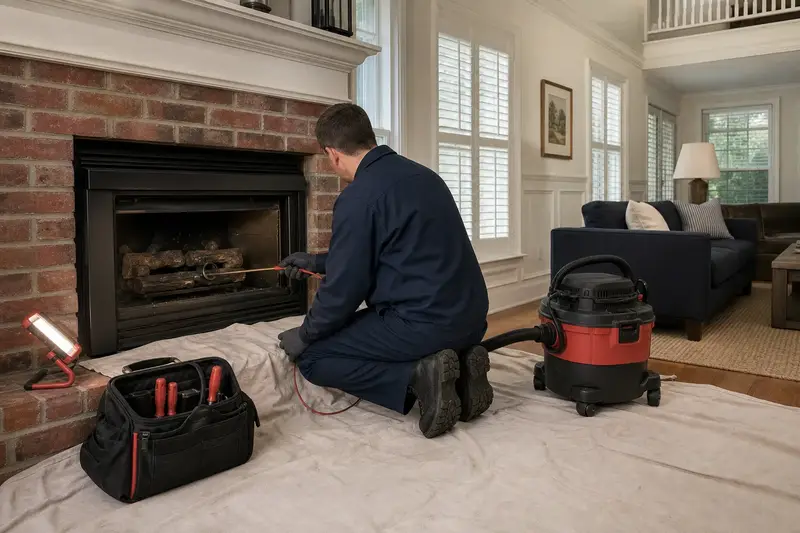 A technician guiding an inspection camera into the firebox of a gas insert set in a brick opening, the fireplace cold and unlit; illustrative image