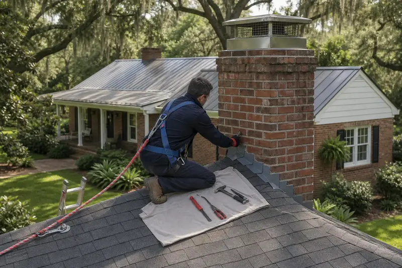 A harnessed technician checking the step flashing where a brick chimney with a stainless steel cap on an asphalt shingle roof meets the roof; illustrative image