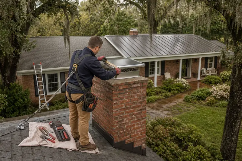 A harnessed mason measuring the crown of a brick chimney with a stainless steel cap on an asphalt shingle roof with a folding rule; illustrative image