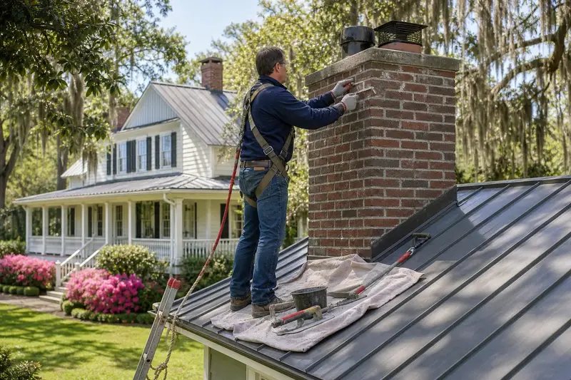 A harnessed mason repointing mortar joints on an exterior end brick chimney on a gable roof with a pointing trowel; illustrative image