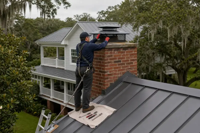 A harnessed technician checking the cap and crown of an exterior end brick chimney on a gable roof before the heating season; illustrative image