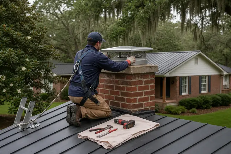 A harnessed technician setting a stainless steel mesh chimney cap onto a red brick chimney with a concrete crown on a metal roof; illustrative image