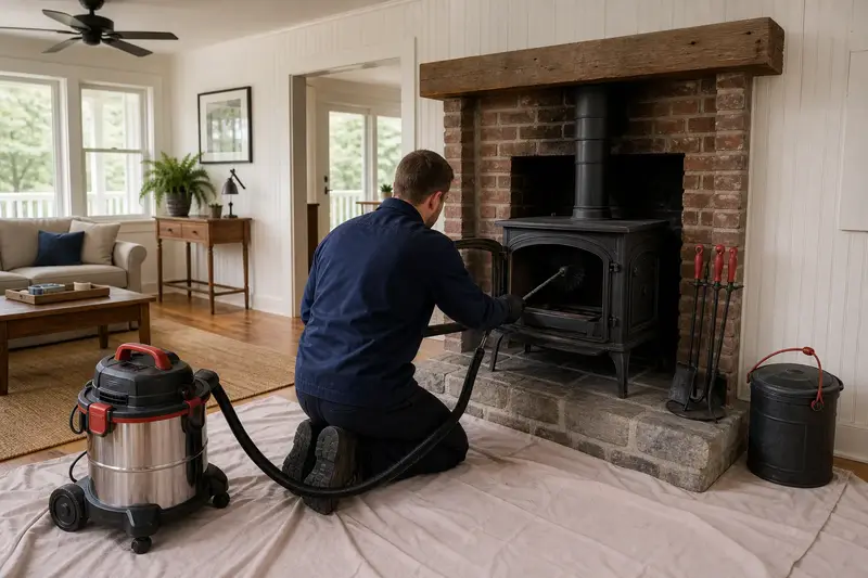 A technician kneeling at a cast-iron wood stove on a stone hearth pad with a sealed vacuum and drop cloths, the fireplace cold and unlit; illustrative image